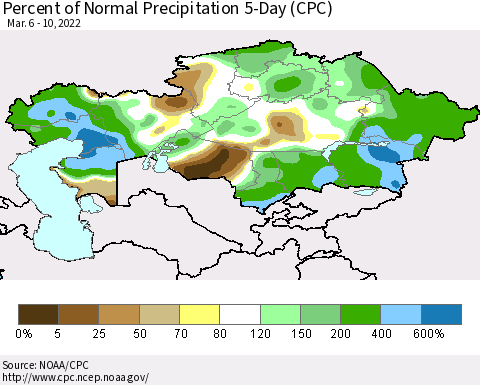 Kazakhstan Percent of Normal Precipitation 5-Day (CPC) Thematic Map For 3/6/2022 - 3/10/2022