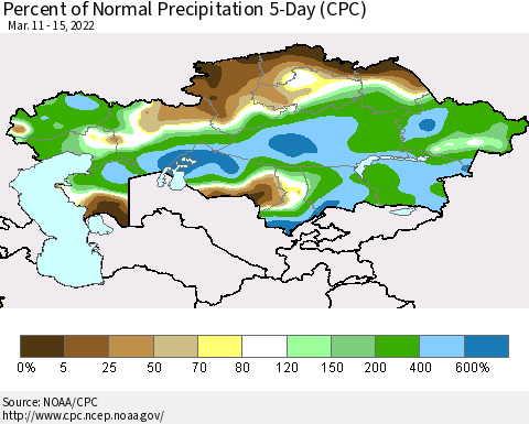 Kazakhstan Percent of Normal Precipitation 5-Day (CPC) Thematic Map For 3/11/2022 - 3/15/2022