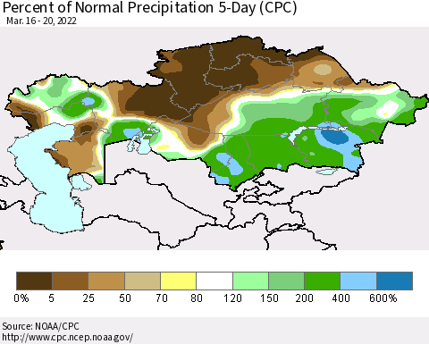 Kazakhstan Percent of Normal Precipitation 5-Day (CPC) Thematic Map For 3/16/2022 - 3/20/2022