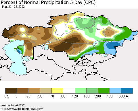 Kazakhstan Percent of Normal Precipitation 5-Day (CPC) Thematic Map For 3/21/2022 - 3/25/2022