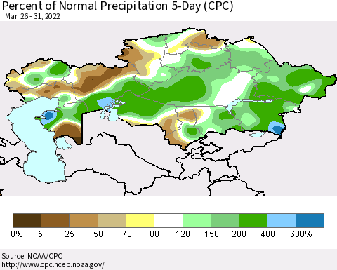 Kazakhstan Percent of Normal Precipitation 5-Day (CPC) Thematic Map For 3/26/2022 - 3/31/2022