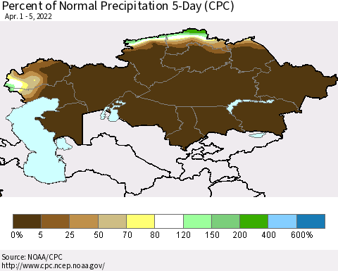 Kazakhstan Percent of Normal Precipitation 5-Day (CPC) Thematic Map For 4/1/2022 - 4/5/2022