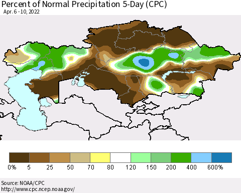 Kazakhstan Percent of Normal Precipitation 5-Day (CPC) Thematic Map For 4/6/2022 - 4/10/2022