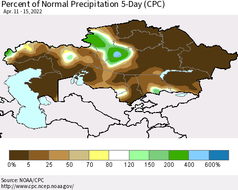 Kazakhstan Percent of Normal Precipitation 5-Day (CPC) Thematic Map For 4/11/2022 - 4/15/2022