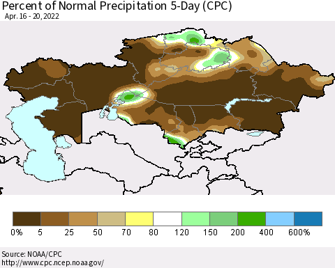 Kazakhstan Percent of Normal Precipitation 5-Day (CPC) Thematic Map For 4/16/2022 - 4/20/2022
