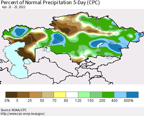 Kazakhstan Percent of Normal Precipitation 5-Day (CPC) Thematic Map For 4/21/2022 - 4/25/2022