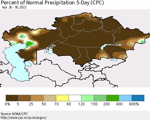 Kazakhstan Percent of Normal Precipitation 5-Day (CPC) Thematic Map For 4/26/2022 - 4/30/2022