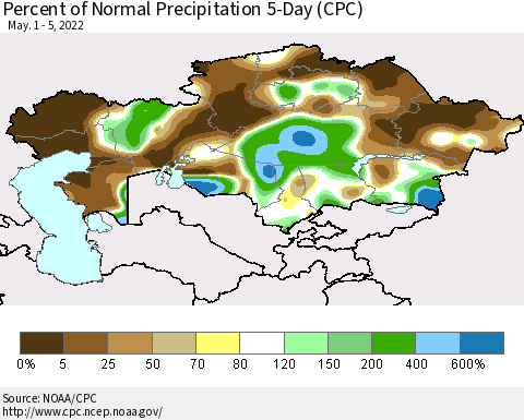 Kazakhstan Percent of Normal Precipitation 5-Day (CPC) Thematic Map For 5/1/2022 - 5/5/2022