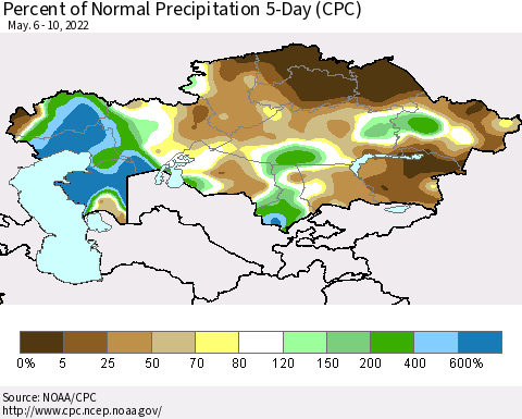 Kazakhstan Percent of Normal Precipitation 5-Day (CPC) Thematic Map For 5/6/2022 - 5/10/2022