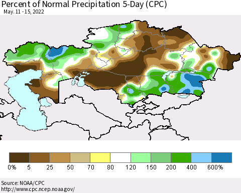 Kazakhstan Percent of Normal Precipitation 5-Day (CPC) Thematic Map For 5/11/2022 - 5/15/2022