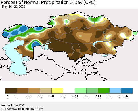Kazakhstan Percent of Normal Precipitation 5-Day (CPC) Thematic Map For 5/16/2022 - 5/20/2022