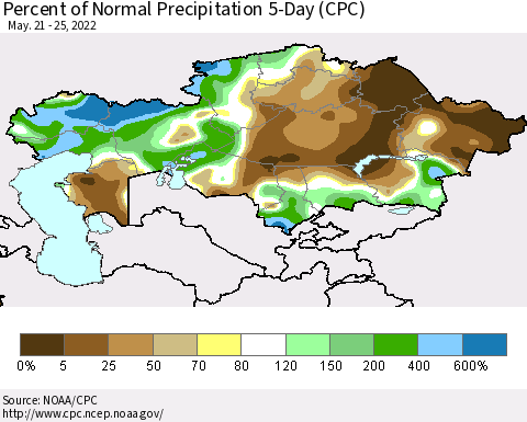 Kazakhstan Percent of Normal Precipitation 5-Day (CPC) Thematic Map For 5/21/2022 - 5/25/2022