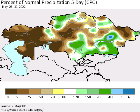 Kazakhstan Percent of Normal Precipitation 5-Day (CPC) Thematic Map For 5/26/2022 - 5/31/2022