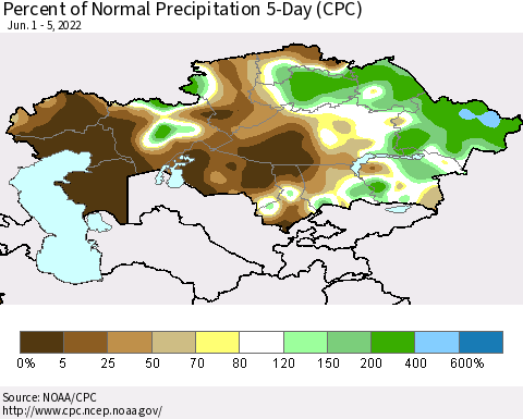 Kazakhstan Percent of Normal Precipitation 5-Day (CPC) Thematic Map For 6/1/2022 - 6/5/2022