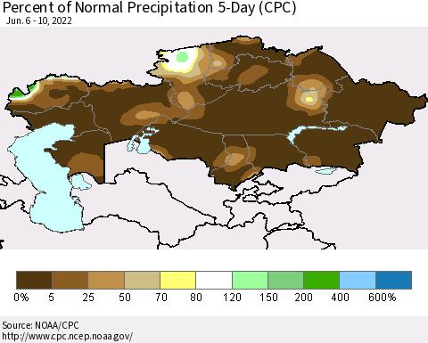 Kazakhstan Percent of Normal Precipitation 5-Day (CPC) Thematic Map For 6/6/2022 - 6/10/2022