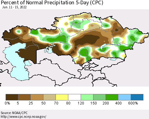 Kazakhstan Percent of Normal Precipitation 5-Day (CPC) Thematic Map For 6/11/2022 - 6/15/2022