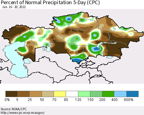 Kazakhstan Percent of Normal Precipitation 5-Day (CPC) Thematic Map For 6/16/2022 - 6/20/2022