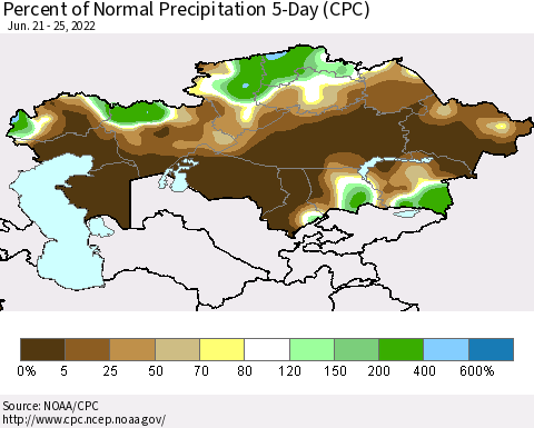 Kazakhstan Percent of Normal Precipitation 5-Day (CPC) Thematic Map For 6/21/2022 - 6/25/2022
