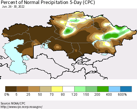 Kazakhstan Percent of Normal Precipitation 5-Day (CPC) Thematic Map For 6/26/2022 - 6/30/2022