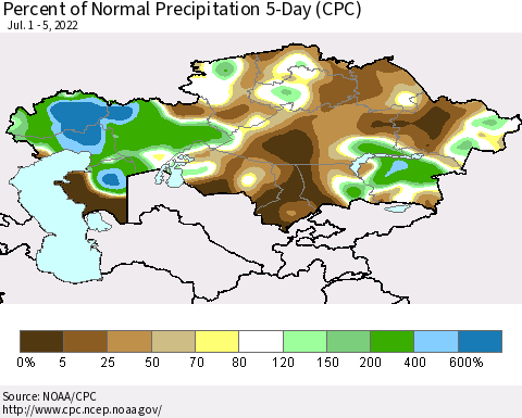 Kazakhstan Percent of Normal Precipitation 5-Day (CPC) Thematic Map For 7/1/2022 - 7/5/2022