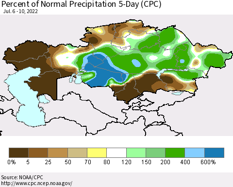 Kazakhstan Percent of Normal Precipitation 5-Day (CPC) Thematic Map For 7/6/2022 - 7/10/2022