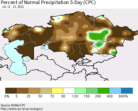 Kazakhstan Percent of Normal Precipitation 5-Day (CPC) Thematic Map For 7/11/2022 - 7/15/2022