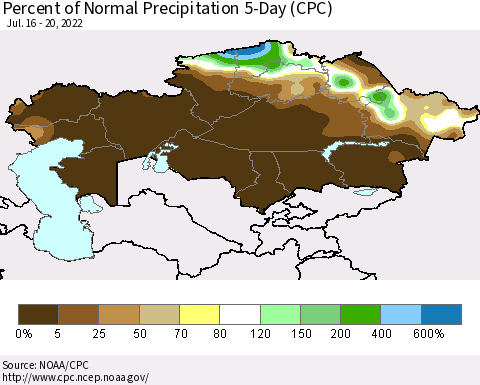 Kazakhstan Percent of Normal Precipitation 5-Day (CPC) Thematic Map For 7/16/2022 - 7/20/2022