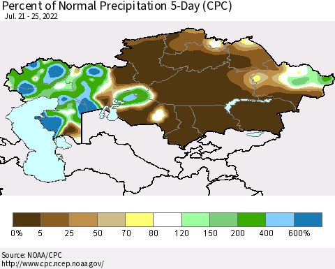 Kazakhstan Percent of Normal Precipitation 5-Day (CPC) Thematic Map For 7/21/2022 - 7/25/2022
