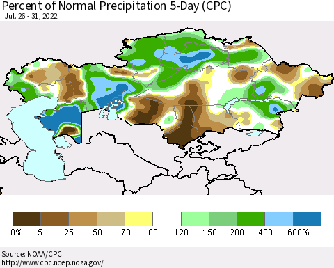 Kazakhstan Percent of Normal Precipitation 5-Day (CPC) Thematic Map For 7/26/2022 - 7/31/2022