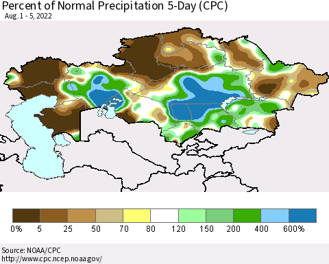 Kazakhstan Percent of Normal Precipitation 5-Day (CPC) Thematic Map For 8/1/2022 - 8/5/2022