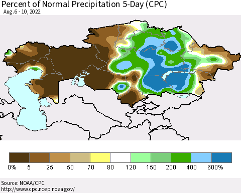 Kazakhstan Percent of Normal Precipitation 5-Day (CPC) Thematic Map For 8/6/2022 - 8/10/2022