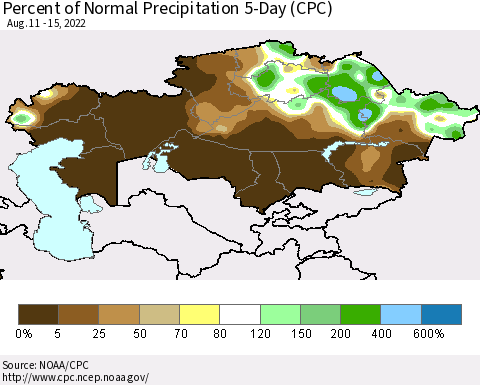 Kazakhstan Percent of Normal Precipitation 5-Day (CPC) Thematic Map For 8/11/2022 - 8/15/2022