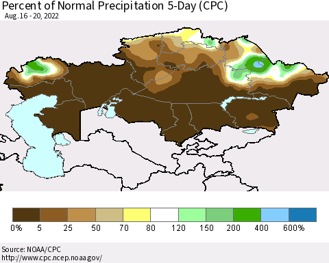Kazakhstan Percent of Normal Precipitation 5-Day (CPC) Thematic Map For 8/16/2022 - 8/20/2022