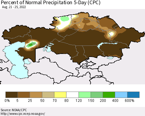 Kazakhstan Percent of Normal Precipitation 5-Day (CPC) Thematic Map For 8/21/2022 - 8/25/2022
