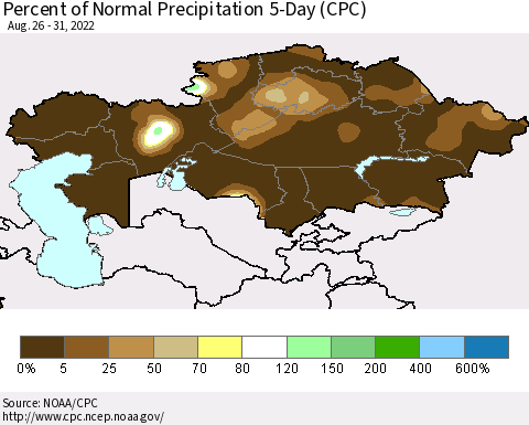 Kazakhstan Percent of Normal Precipitation 5-Day (CPC) Thematic Map For 8/26/2022 - 8/31/2022