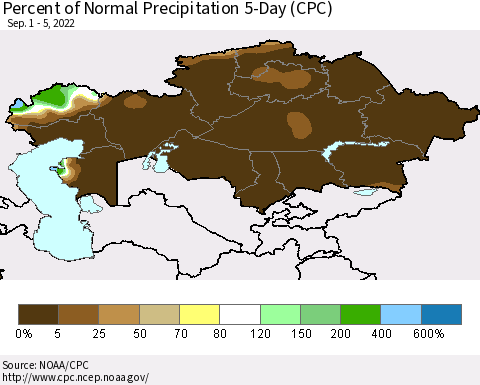 Kazakhstan Percent of Normal Precipitation 5-Day (CPC) Thematic Map For 9/1/2022 - 9/5/2022