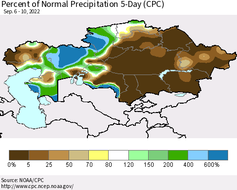 Kazakhstan Percent of Normal Precipitation 5-Day (CPC) Thematic Map For 9/6/2022 - 9/10/2022
