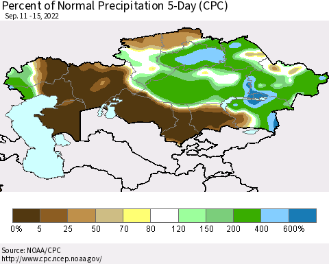 Kazakhstan Percent of Normal Precipitation 5-Day (CPC) Thematic Map For 9/11/2022 - 9/15/2022