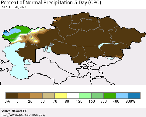 Kazakhstan Percent of Normal Precipitation 5-Day (CPC) Thematic Map For 9/16/2022 - 9/20/2022