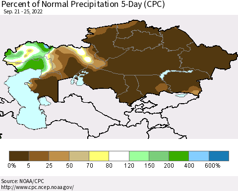 Kazakhstan Percent of Normal Precipitation 5-Day (CPC) Thematic Map For 9/21/2022 - 9/25/2022