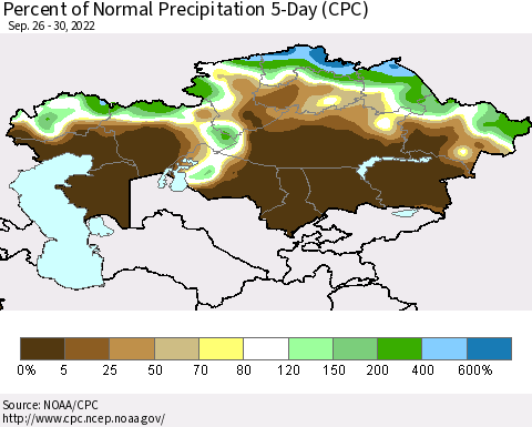 Kazakhstan Percent of Normal Precipitation 5-Day (CPC) Thematic Map For 9/26/2022 - 9/30/2022