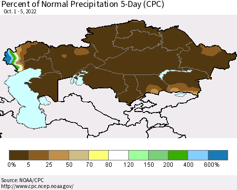 Kazakhstan Percent of Normal Precipitation 5-Day (CPC) Thematic Map For 10/1/2022 - 10/5/2022