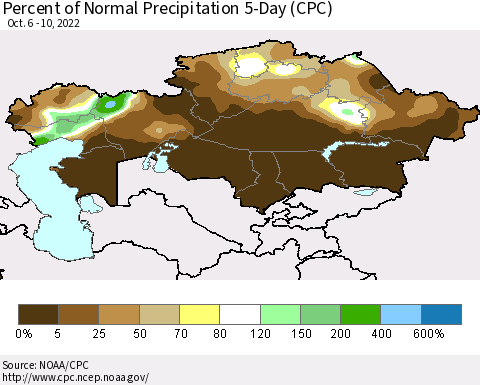 Kazakhstan Percent of Normal Precipitation 5-Day (CPC) Thematic Map For 10/6/2022 - 10/10/2022