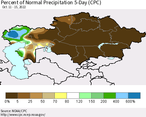 Kazakhstan Percent of Normal Precipitation 5-Day (CPC) Thematic Map For 10/11/2022 - 10/15/2022