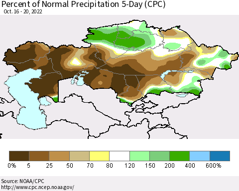 Kazakhstan Percent of Normal Precipitation 5-Day (CPC) Thematic Map For 10/16/2022 - 10/20/2022