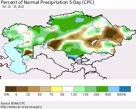 Kazakhstan Percent of Normal Precipitation 5-Day (CPC) Thematic Map For 10/21/2022 - 10/25/2022