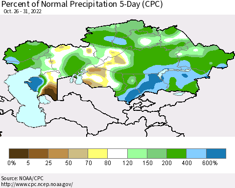 Kazakhstan Percent of Normal Precipitation 5-Day (CPC) Thematic Map For 10/26/2022 - 10/31/2022