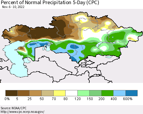 Kazakhstan Percent of Normal Precipitation 5-Day (CPC) Thematic Map For 11/6/2022 - 11/10/2022