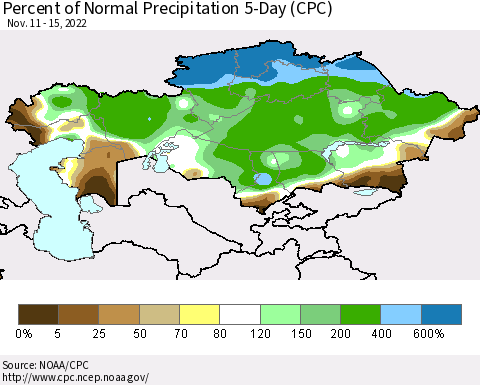 Kazakhstan Percent of Normal Precipitation 5-Day (CPC) Thematic Map For 11/11/2022 - 11/15/2022