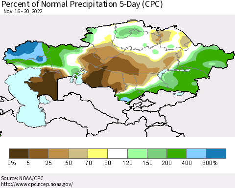 Kazakhstan Percent of Normal Precipitation 5-Day (CPC) Thematic Map For 11/16/2022 - 11/20/2022